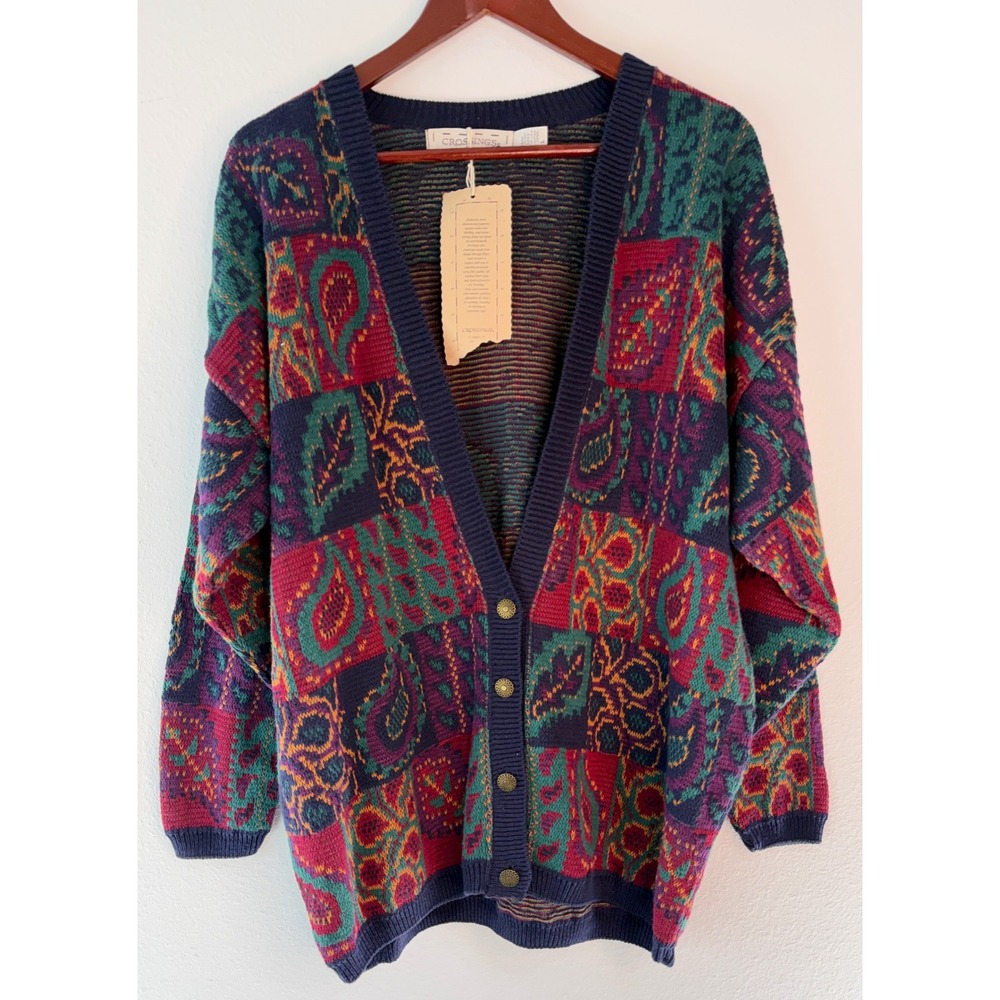Vintage 90s Crossings Boho Colorful Patchwork Knit Sweater Cardigan Large NWT
